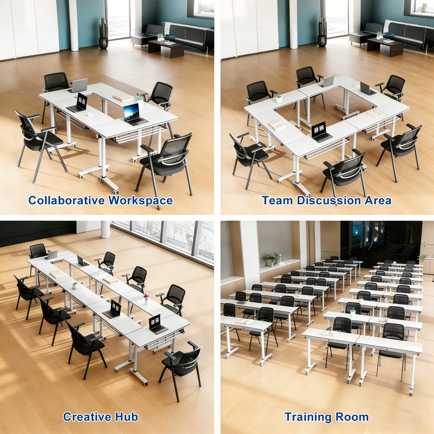 Conference Room Table, Foldable Flip Top Mobile Training Table with Wheels, 47.2 Inch Modern Rectangular Meeting Seminar Desk, Waterproof Metal Frame for Office, Classroom & Boardroom