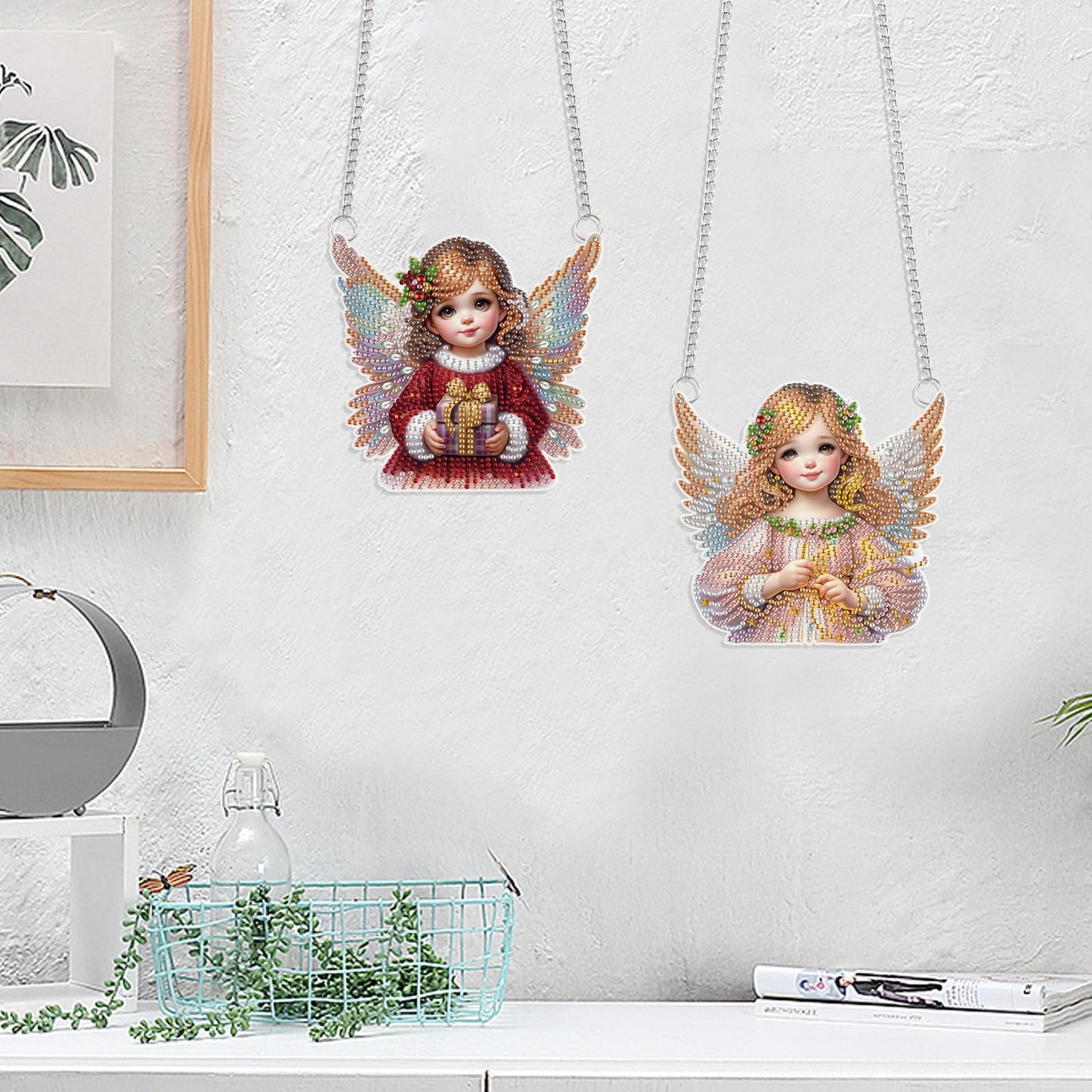 LazyFold 2 Pcs DIY Acrylic Diamond Art Painting Angel Kits Special Shaped Rhinestone 5D Diamond Art Window Pendants Home Garden Wall Hanging Kits Hanging Ornament