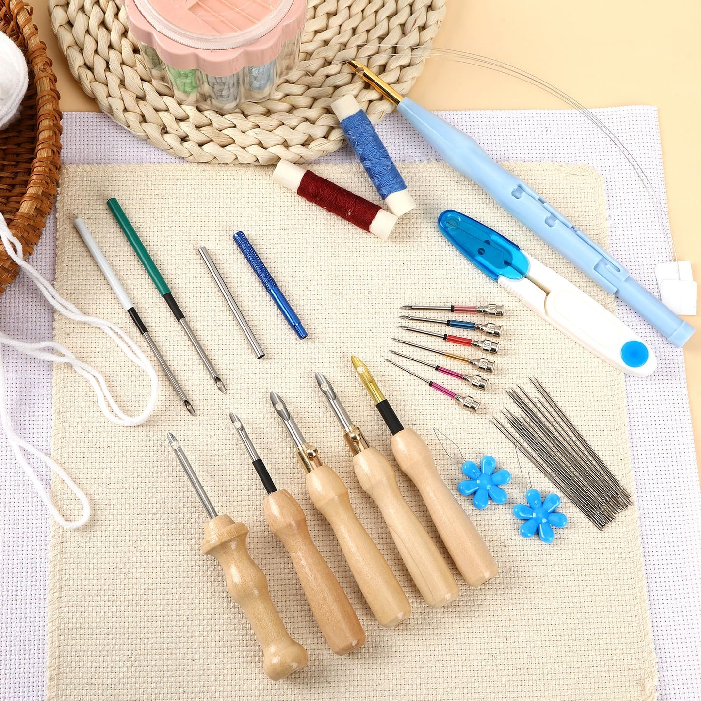 AUGSUN 39Pcs Punch Needle Embroidery Kit, Punch Needle Accessories Set Include Monk's Cloth Cross Stitch Fabric Adjustable Punch Tool for Handicraft Gifts Embroidery DIY Crafting Activity