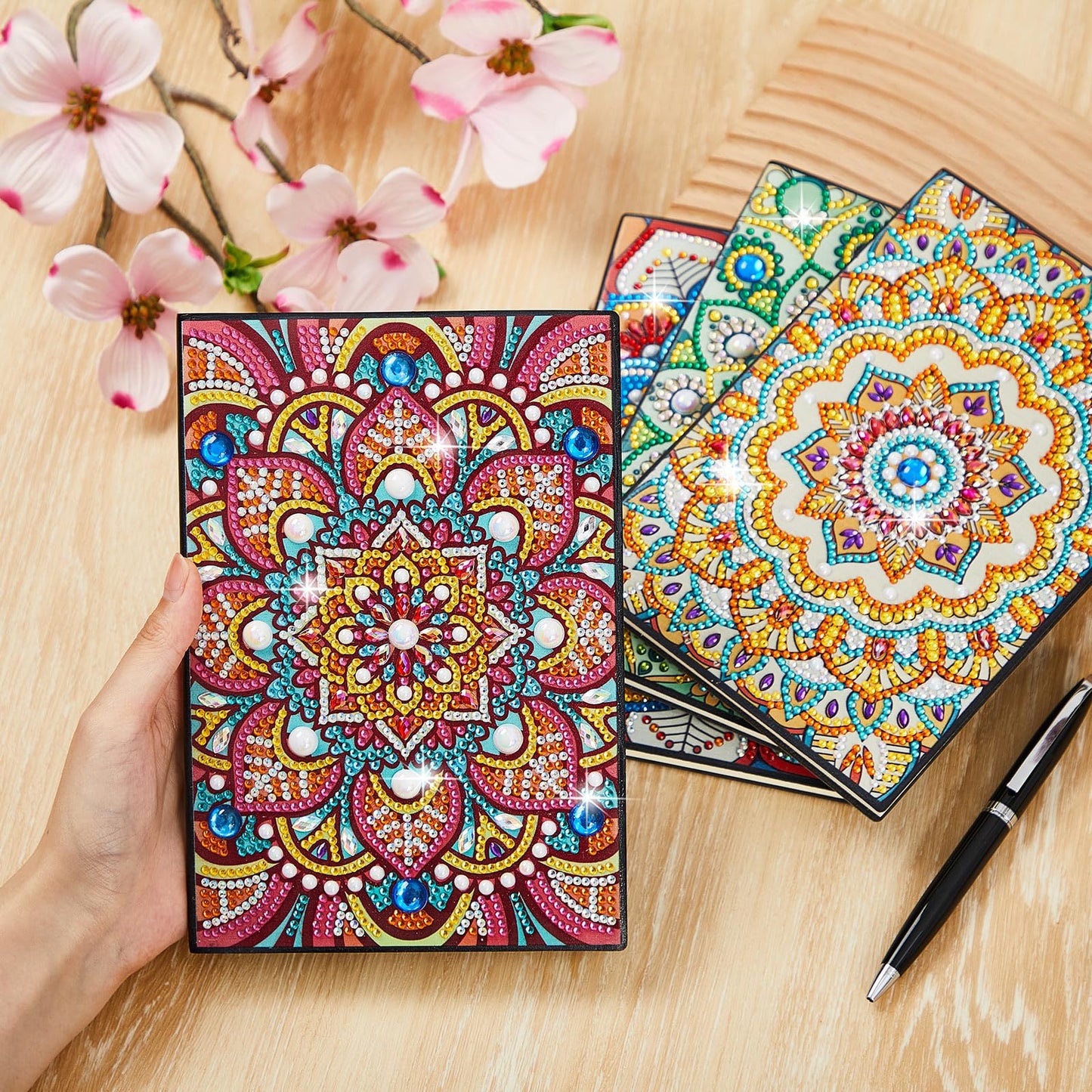 Fulmoon 4 Pcs A5 Diamond Painting Notebook Kits with Tools 5.8 x 8.3 Inch DIY 5d Art Cover Crystal Sketchbook Notepad for Teenagers' Birthdays, Graduation Crafts Gift Drawing Painting(Mandala Style)