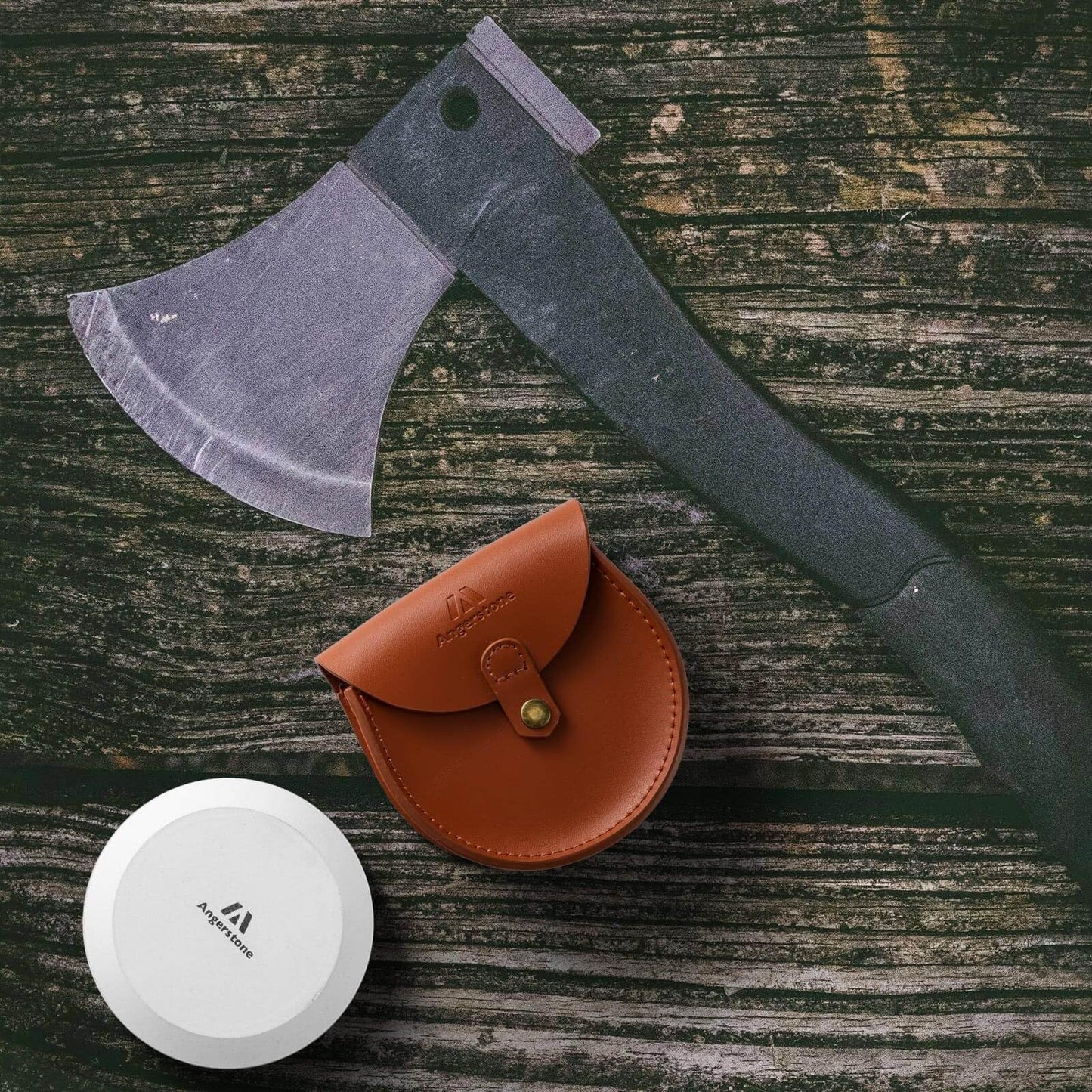 Angerstone Axe Sharpener - Multipurpose Axe/Hatchet Sharpening Stone - Whetstone Blade & Tool Sharpener, Dual Grit 180/320 Sharpening Puck with Leather Sheath