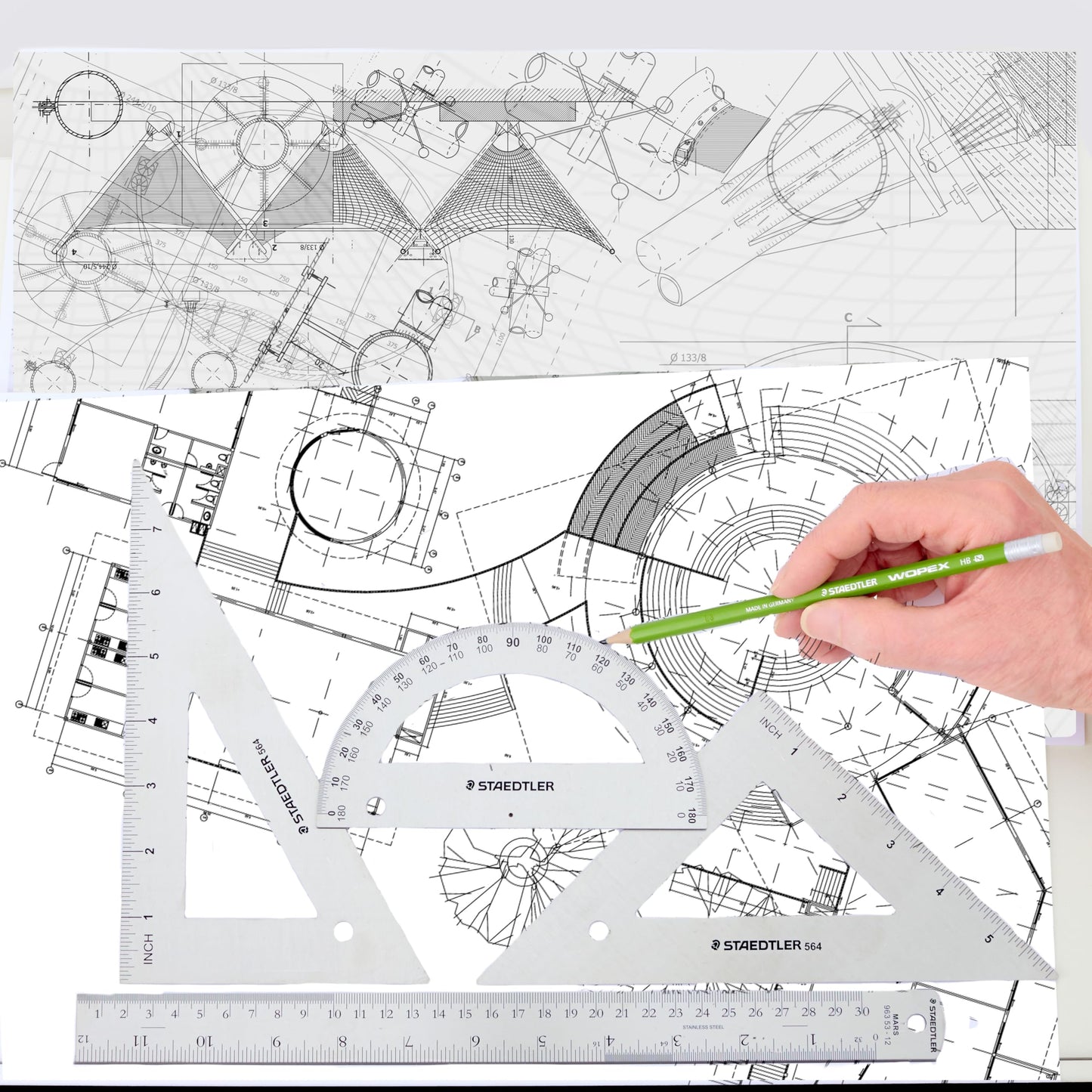 STAEDTLER Stainless Steel Math Set - With 12in Ruler, 2 Triangle Set Squares (45/90° & 30/60°), 6in Protractor - Precision Drawing & Drafting