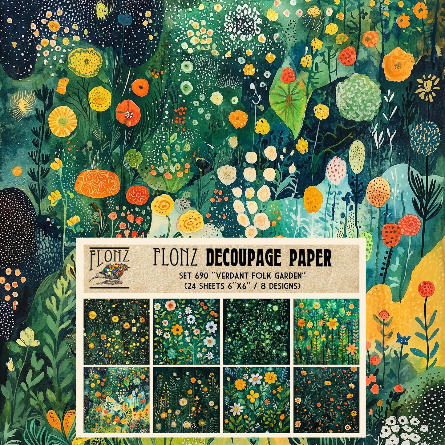 Decoupage Paper Pack (24 Sheets 6"x6") Verdant Folk Garden ~ Naive Painterly Florals in Green Shades with Yellow-Orange Accents and Stylized Botanical Layout