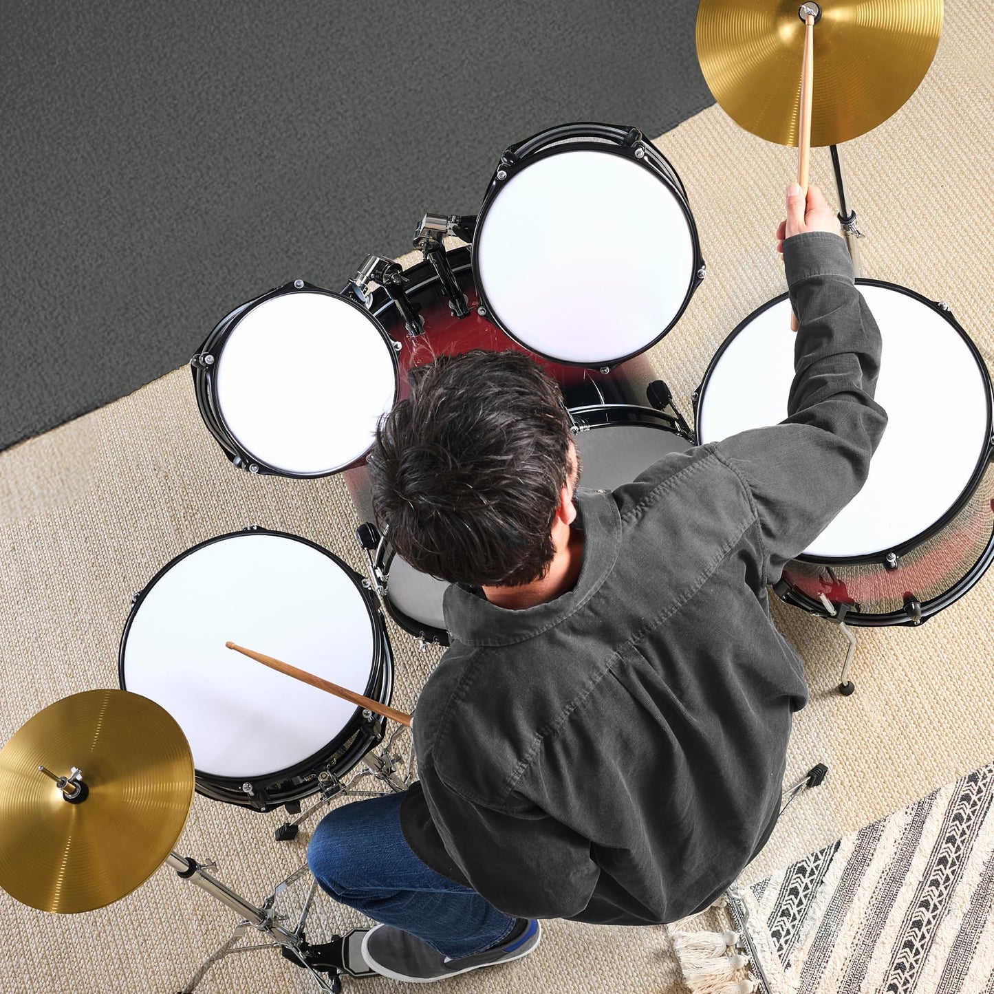 Best Choice Products 5-Piece Full Size Complete Adult Drum Set w/Cymbal Stands, Stool, Drum Pedal, Sticks, Floor Tom - Dark Cherry Sunburst