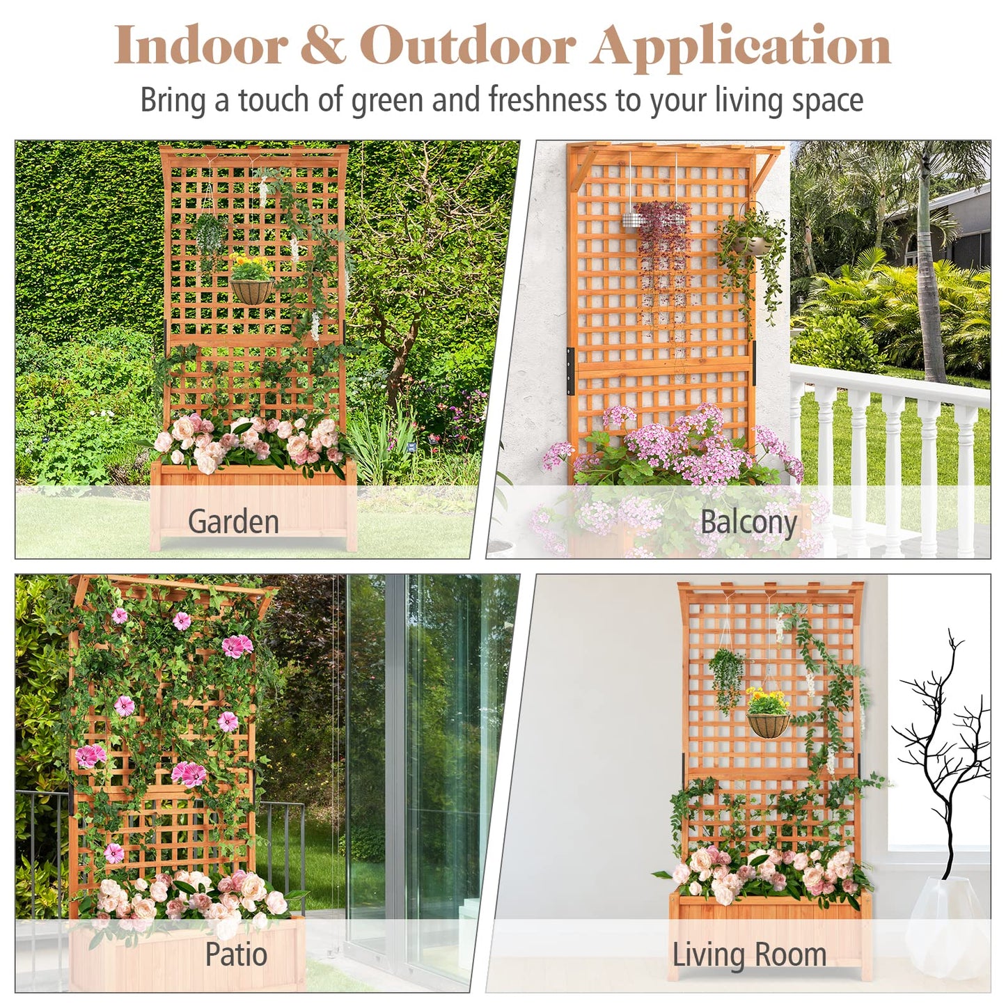 CHEFJOY Wooden Planter Box with Trellis, 72.5” Freestanding Garden Planter w/Hanging Roof, 4 Drainage Holes & Lattice Panel, Raised Garden Bed with Trellis for Vine Climbing Plants Flowers (2)