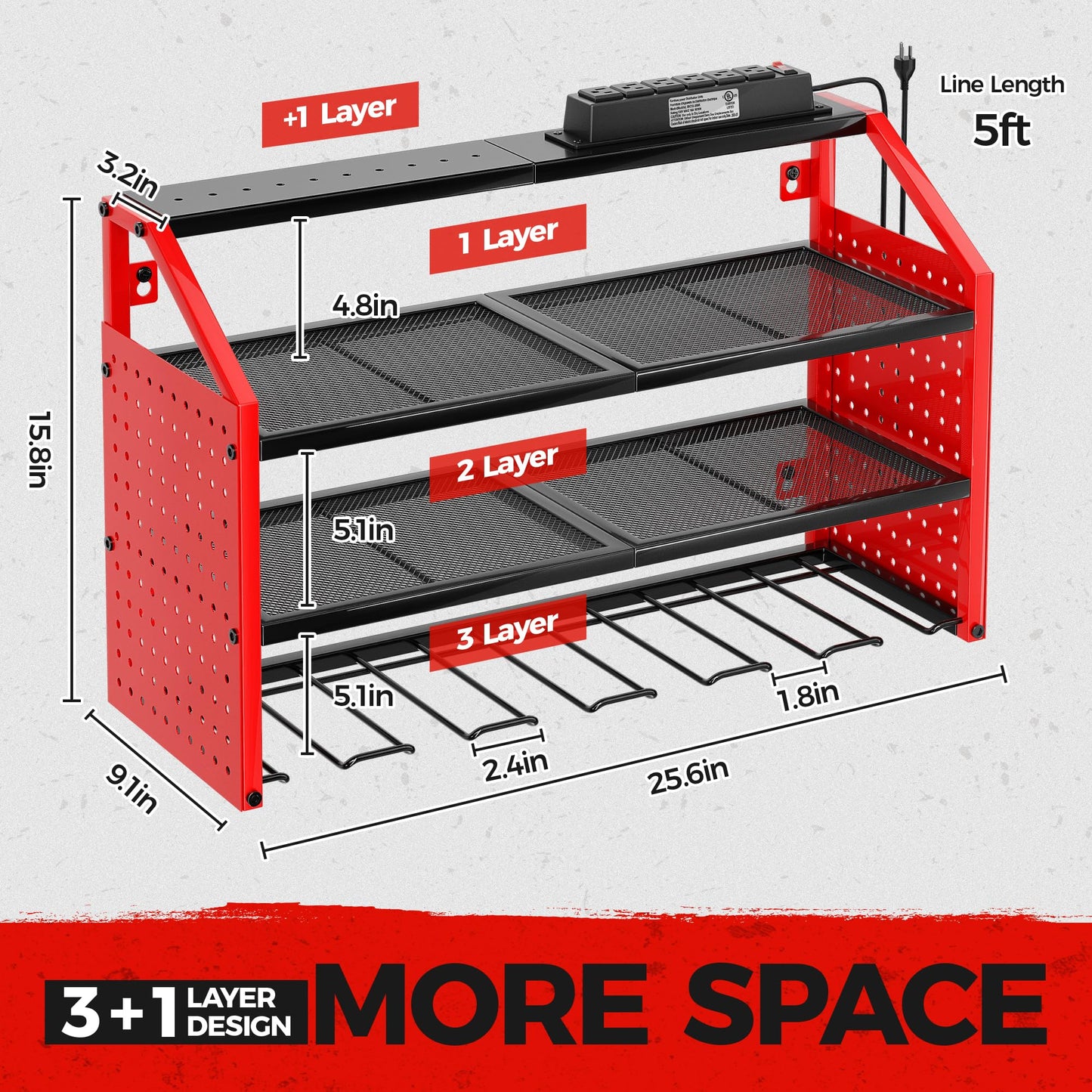 LBT Power Tool Organizer With Charging Station,Patented,Heavy Duty Steel,6 Drilling Rig Sizes With Hooks And Screw Boxes,6 sockets,Easy To Install Garage Storage Rack,Great Gift For Men, Red