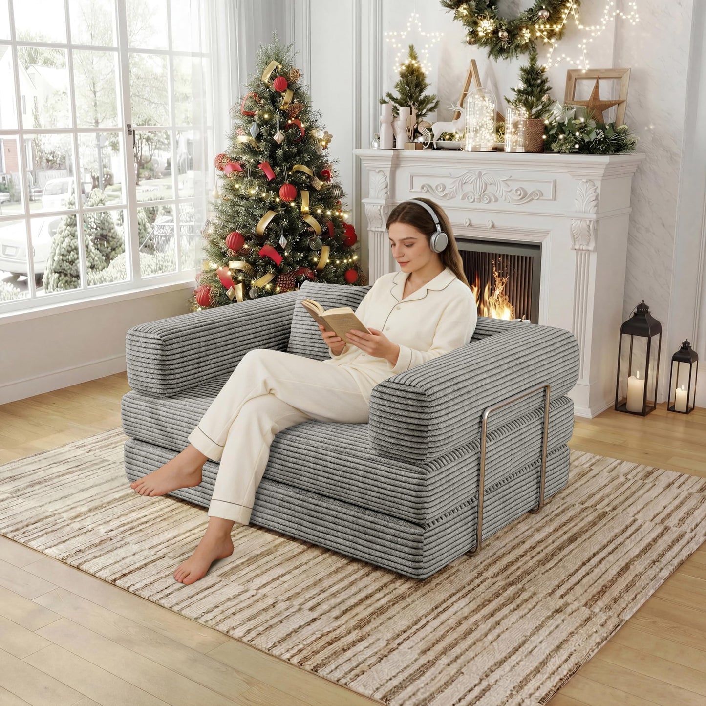 BSHOMGI Folding Sofa Bed, 4 in 1 Convertible Sofas to Lounger Comfy Floor Portable Foldable Sleeper Lazy Futon Couch Chair for Bedroom, Living Room (Light Gray, 53.15" Double Sofa)