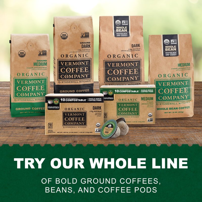 Vermont Coffee Company, Organic Dark Roast Coffee Pods, Single-Serve, Compostable Pods, 10CT, Made in the USA