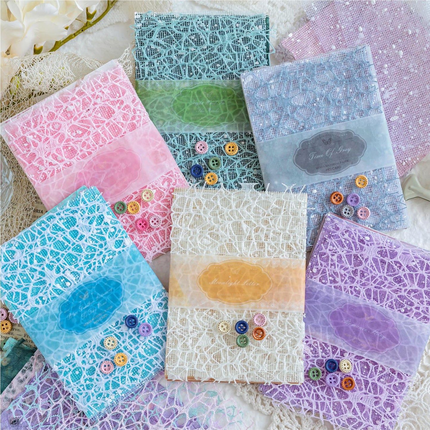 156 Sheets Scrapbook Paper and Mesh Fabric Assorted Set - 6 Pack Mixed Special Textured Paper for Scrapbooking Kit Junk Journal Supplies Planner Mixed Media Collage Card Making Materials 3.9x5.5 Inch