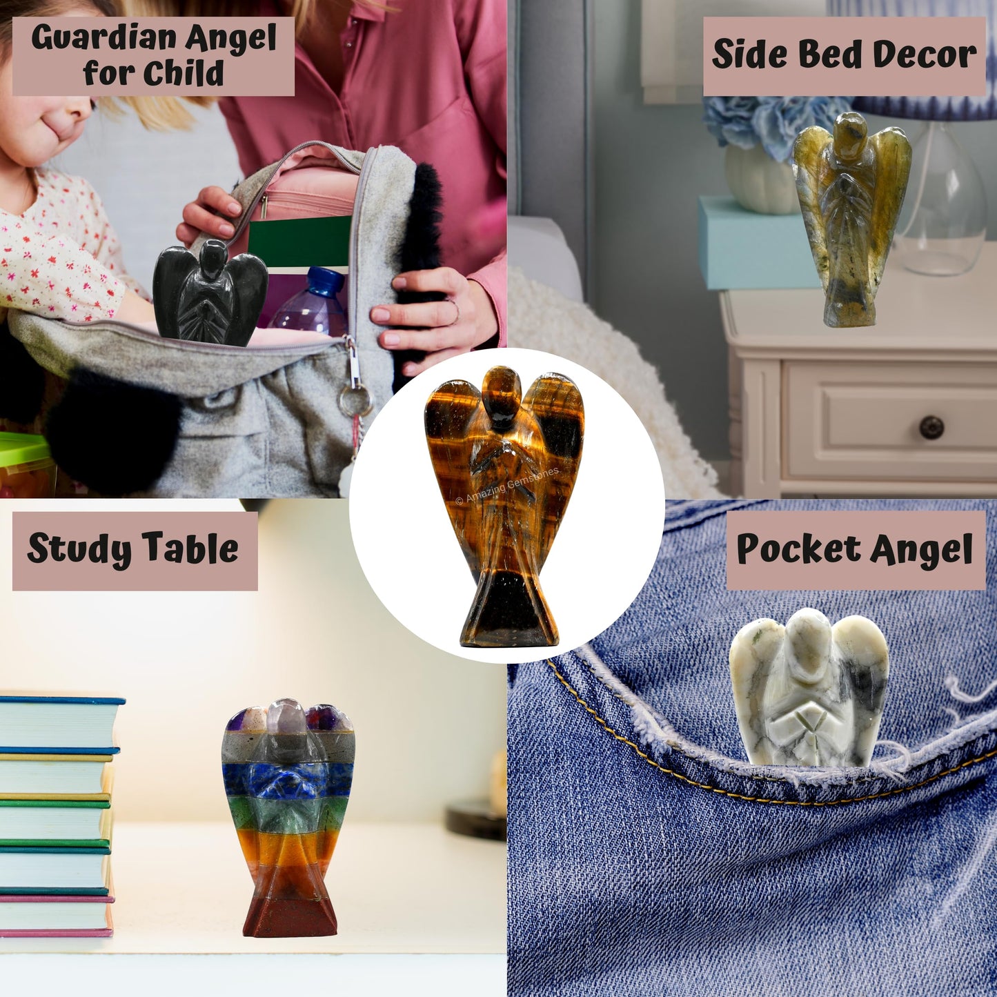 Amazing Gemstone Crystal Angel Figurines Bulk Set for Meditation Crystal Grid Gift - Wholesale Bulk Crystals and Healing Stones Premium Gemstones for Protection and Healing Energy - Pack of 5