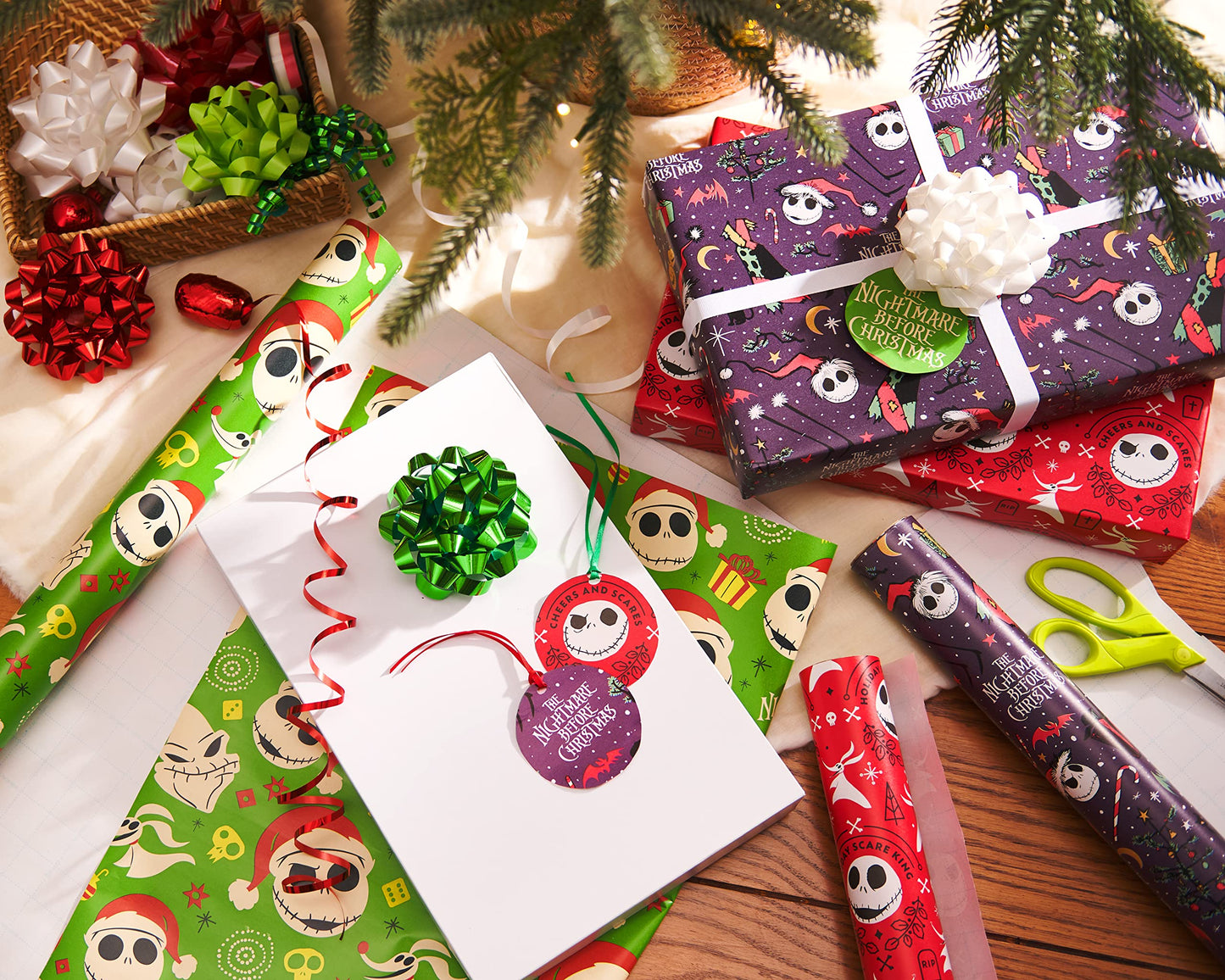 American Greetings Nightmare Before Christmas Christmas Wrapping Paper Rolls, Black and Red Holiday Gift Wrap (105 sq. ft., 3 Rolls-30 in. x 14 ft., Cut Lines) Jack Skellington, Oogie Boogie, Cosmo