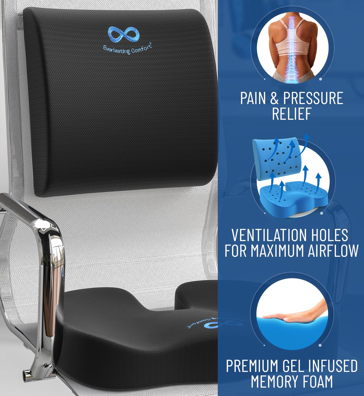 Everlasting Comfort Doctor Recommended Memory Foam Seat Cushion for Office Chairs & Car Seat - Ergonomic Office Desk Accessories for Tailbone Pain Relief, Sciatica & Back Support