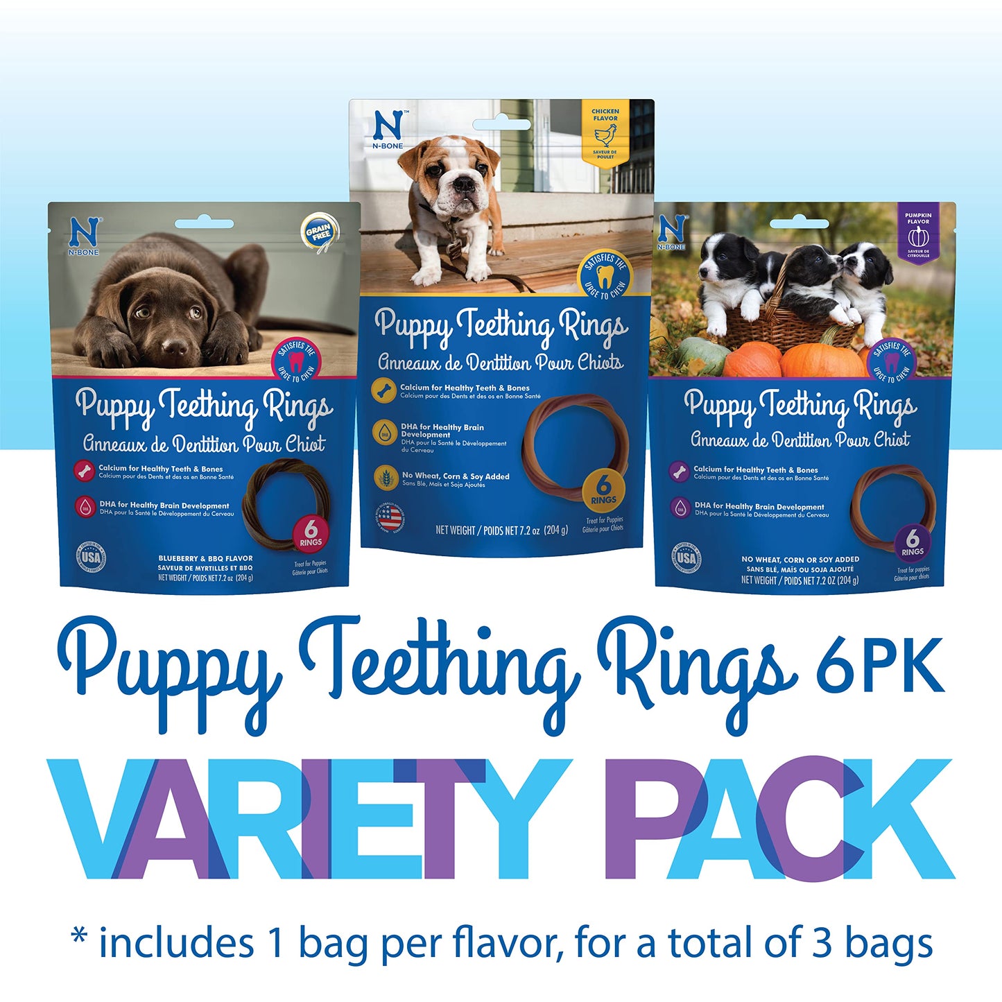 N-Bone Puppy Teething Rings 6 Count Bag Variety Pack, Chicken & Pumpkin & Blueberry BBQ Flavor, Total 3 Bags, 21.6-oz, 18 Rings
