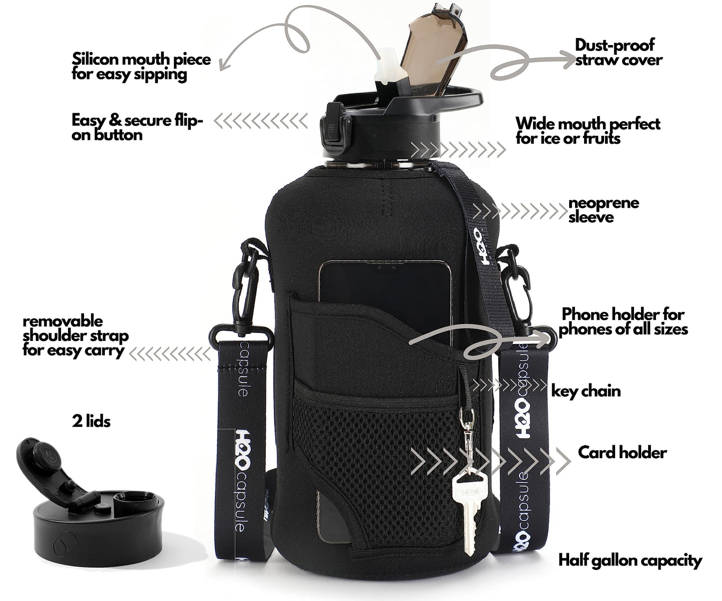 H2O Capsule 2.2L Half Gallon Water Bottle with Storage Sleeve and Removable Straw – BPA Free Large Reusable Drink Container with Handle - Big Sports Jug, 2.2 Liter (74 Ounce), Jet Black