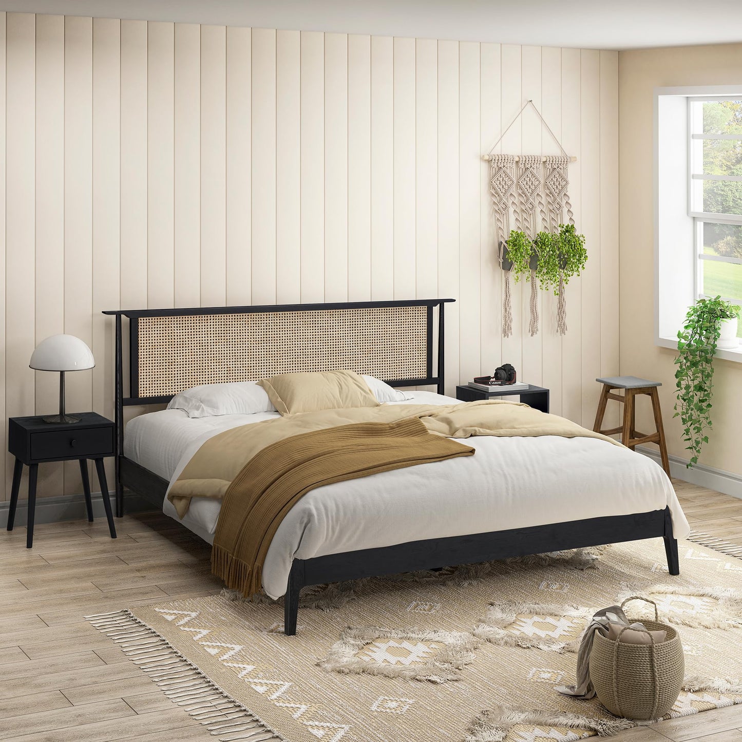 NTC Ruby Wooden Bed Frame with Headboard and Natural Rattan, Solid Oak Foundation with Silent Slats, 1000 Lb Capacity, Effortless Assembly, King - Burnt Black