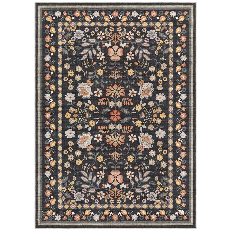 UERMEI Runner Rug for Hallways Kitchen: 2x6 Washable Area Rug Boho Floral Soft Long Rug - Non-Slip Low Pile Throw Indoor Carpet for Entryway Kitchen Bedroom Laundry Bathroom - Black Grey
