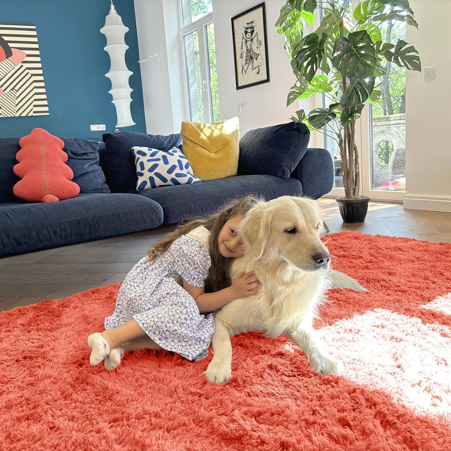 OLANLY Small Bedside Rug - Soft Fluffy Shaggy Indoor Carpet for Kids & Living Room | Coral Red 2x3