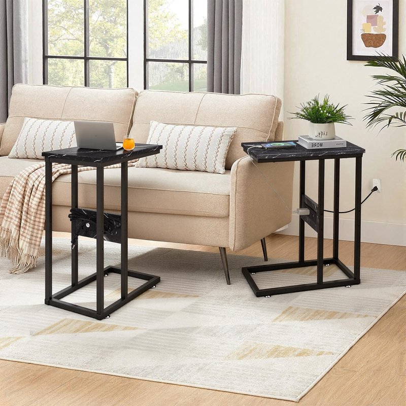 VECELO C-Shaped End Side Table with Charging Station & 2 USB Ports and Outlets for Living Room, Bedroom, with Adjustable Feet for Couch Sofa, Bedside, Small Spaces, Black Marble