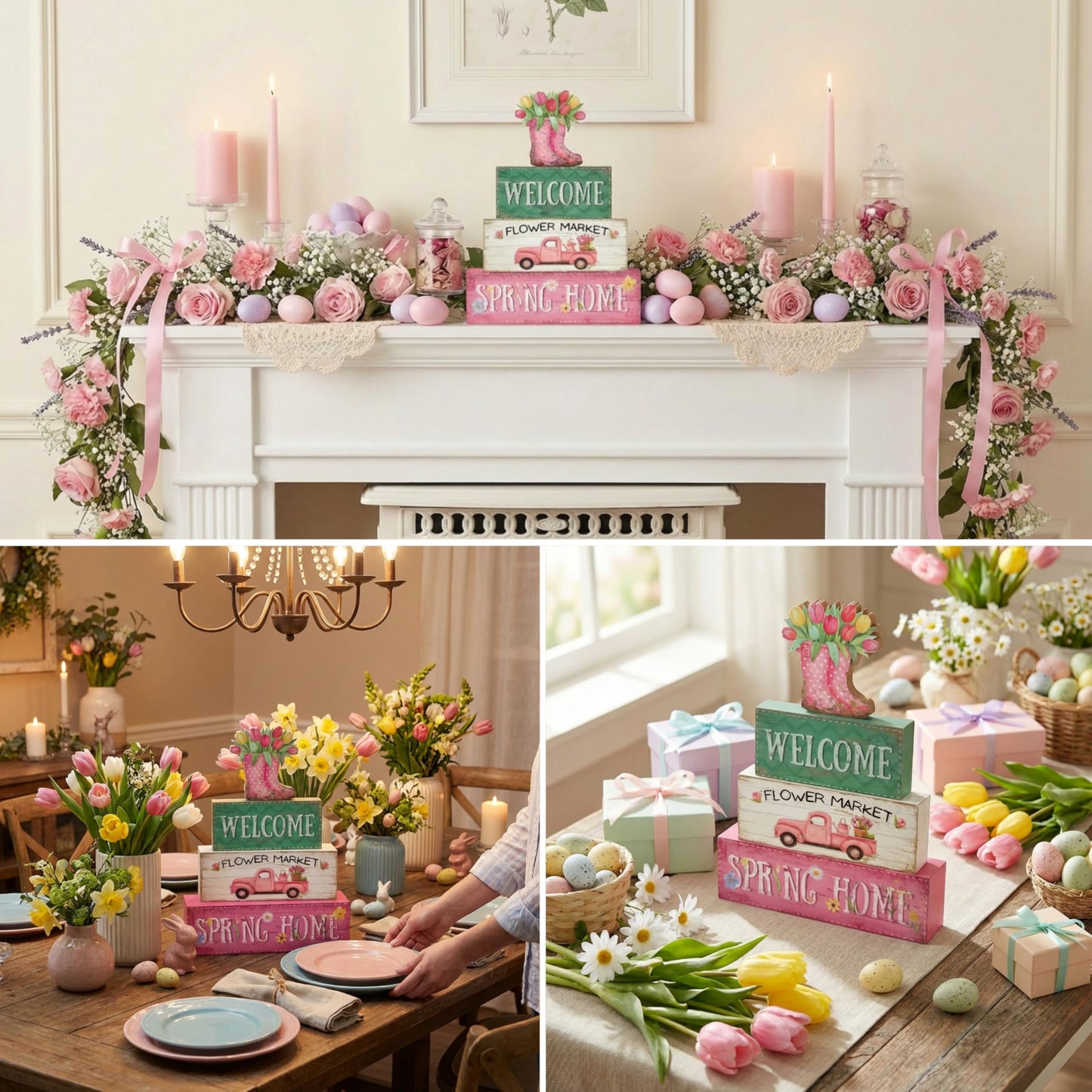 Golibra Spring Decorations, 4 Pcs Wooden Spring Table Decorations, Farmhouse Rain Boots Tiered Tray Decor, Wooden Table Sign for Desk Shelf Mantel Coffee Bar, Indoor Home Decor