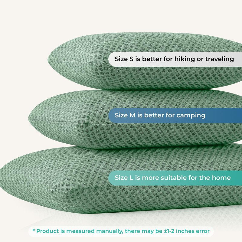 PEUJEW Travel Pillow Memory Foam Pillows, Camping Pillow- Compressible Medium Firm, Breathable Cover, Ideal Backpacking Hiking, Bed Pillows, Airplane and Car (Green, S)