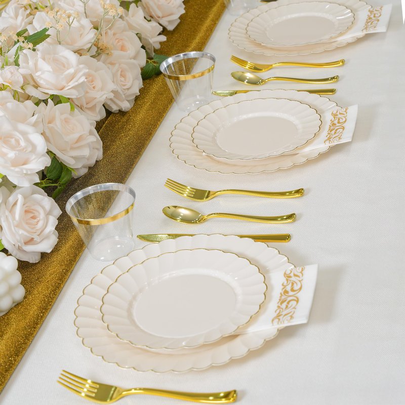 ISFANGCO175PCS Ivory Fancy Disposable Dinnerware Set-Ivory Scalloped Plastic Plates with Gold Rim -25 Dinner&25Dessert Plates, 75 Silverware Set, 25 Napkins and 25 Cups(25 Guests)