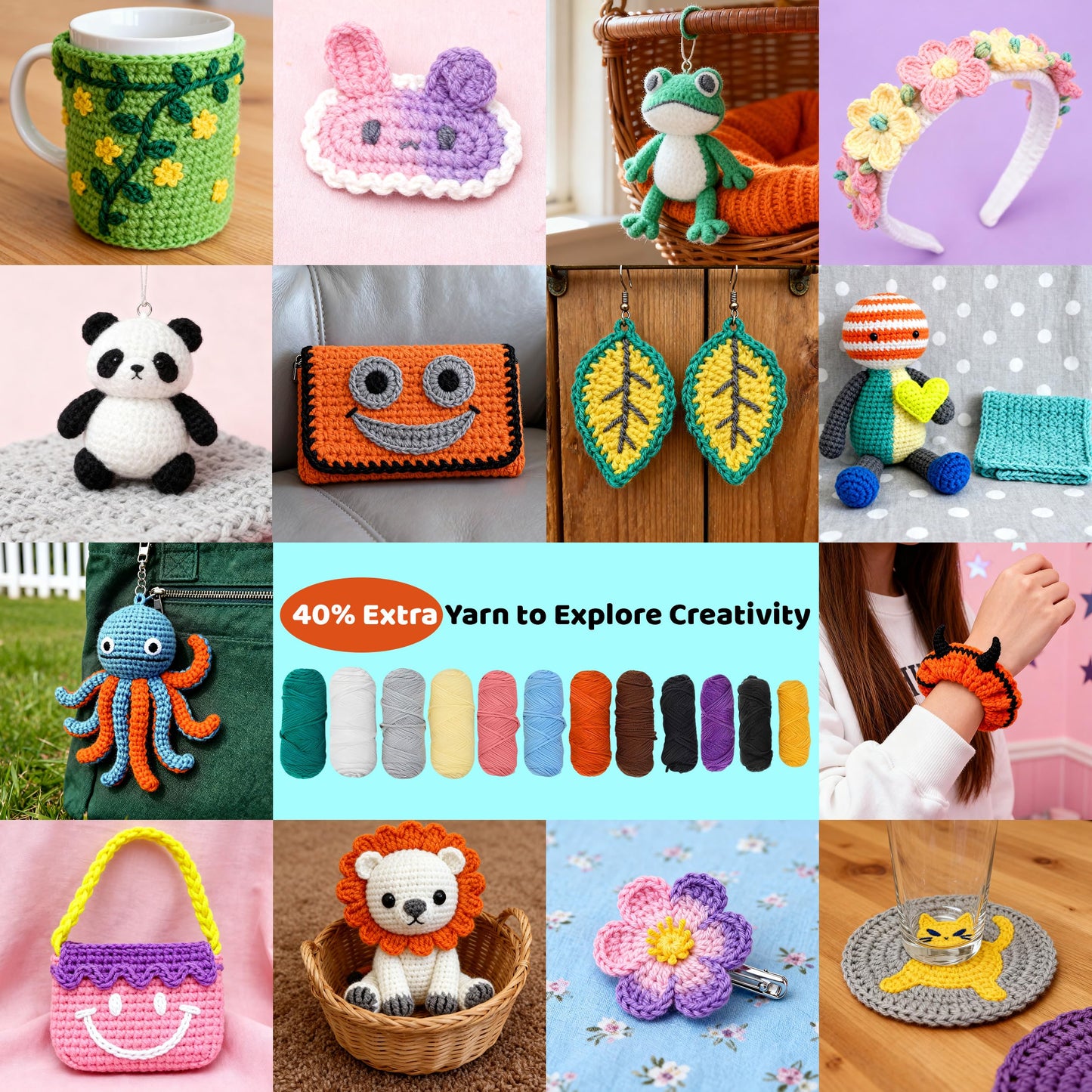 Joyclub Crochet Kit for Beginners 6 PCS Amigurumi Animal Family Crochet Starter Kit with Step-by-Step Video Tutorials 40% Extra Yarn DIY Craft Gifts for Adults Knitting Lovers Mother Teacher Graduates