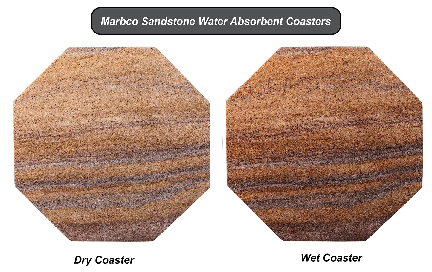 Marbco Sandstone Water Absorbent Hand Crafted Octagon Coasters for Drinks- Set of 6-4 inches Wide Thirsty Stone bar/Drink Coasters Made from Real Solid Stone (Without Holder, Set of 6)