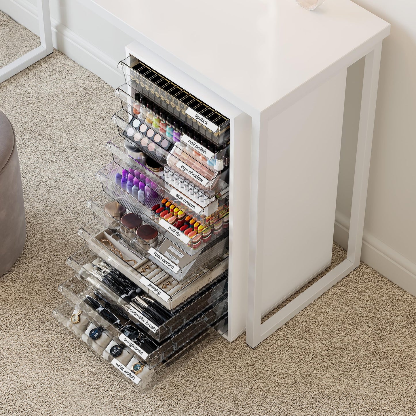 WOPITUES Storage Drawer Cart, Mobile Storage Cabinet, Makeup Storage with 10 Large Clear Drawers, Utility Wooden Rolling Cart on Wheels, for Cosmetic, Art Craft, Office Supplies, Toy, White