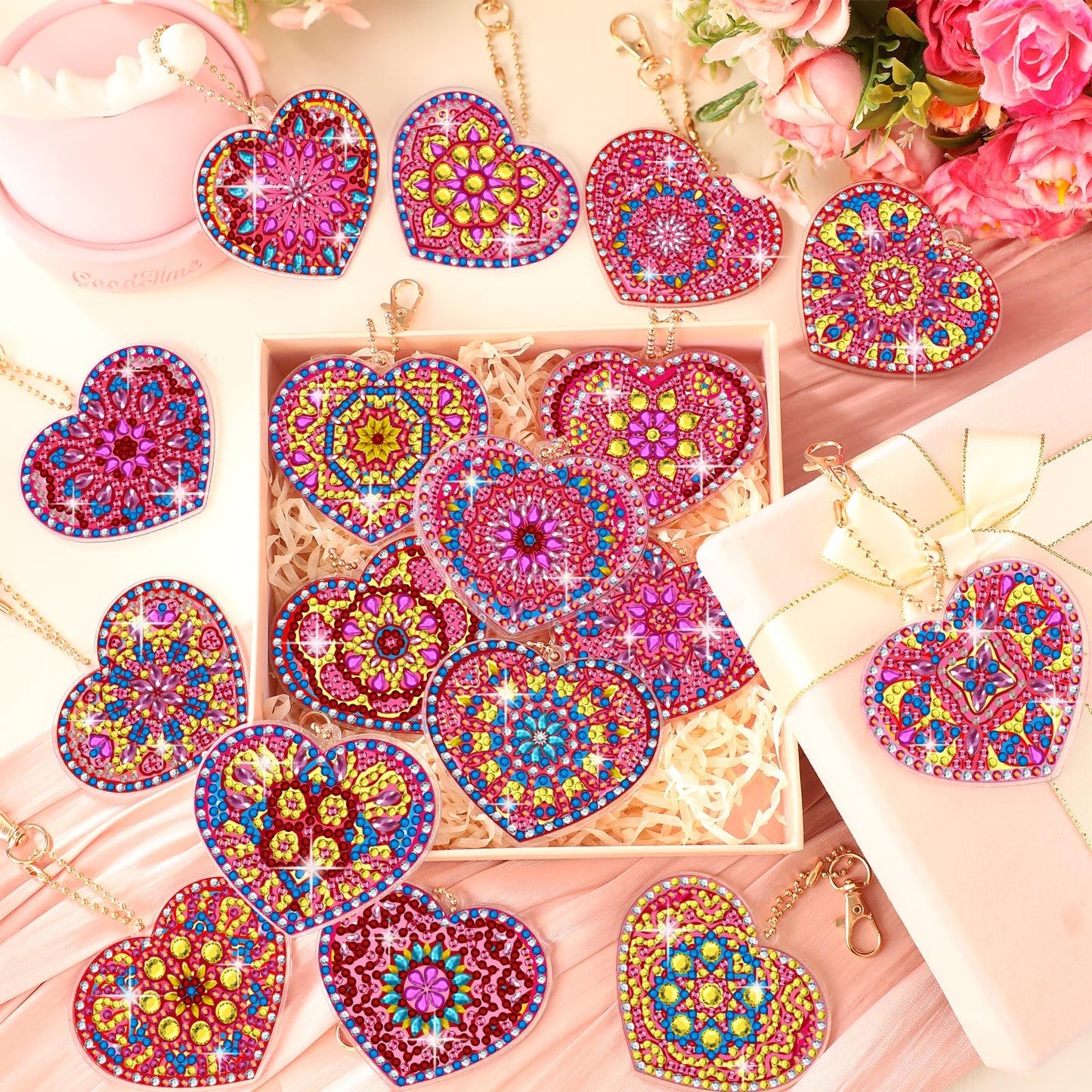 Ferreve 28 Pcs Heart Diamond Art Keychain Kits for Adults Double Sided DIY Pink Heart Diamond Painting Keychain Hanging Ornaments Rhinestone Gem Key Ring Art Pendant Decor Crafts Accessories Gifts
