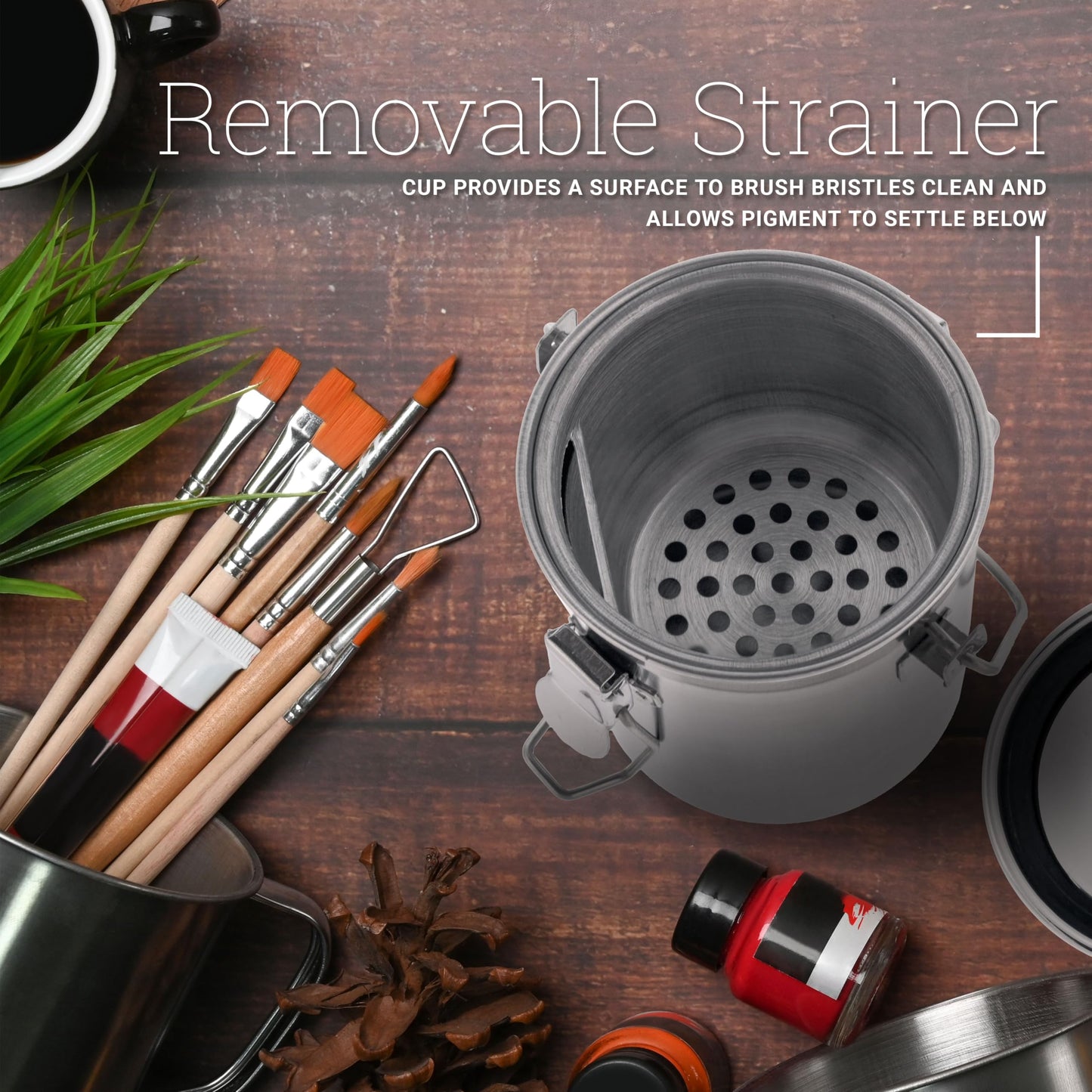 U.S. Art Supply Stainless Steel Leak-Proof Deluxe Paint Brush Washer with Wash Tank, Clip-On Lid, and Strainer Cup - Oil Paint Brush Cleaner for Artists