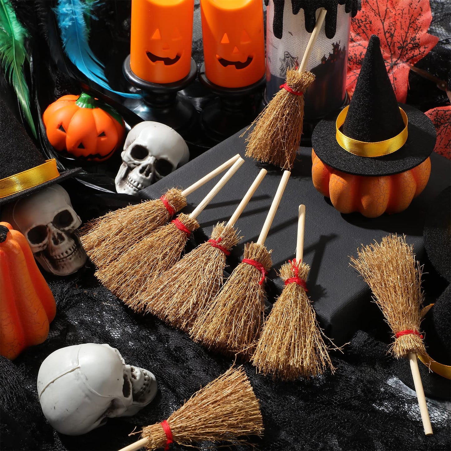 Cindeer 50 Pcs Miniature Halloween Mini Straw Brooms Artificial Halloween Straw Craft Decoration Small Dollhouse Witch Broomstick with Red Ropes Wizard Witches Accessory for Costume Cosplay Party