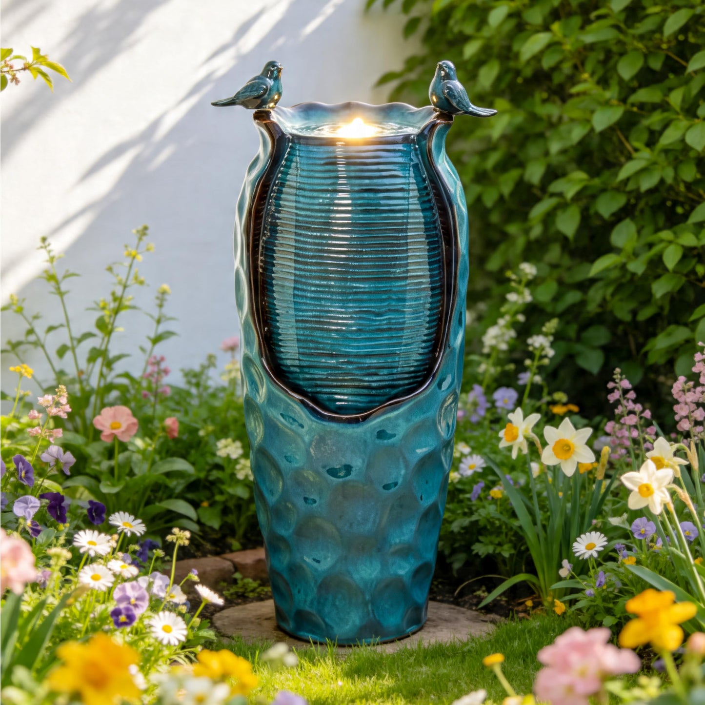 Autodaya 32.5" H Ceramic Jar Outdoor Fountain, Honeycomb Pot Water Feature with LED Lights, Soothing Trickling Waterfall for Garden, Patio, Yard, Balcony Oasis, KD Vivid Birds, Turquoise Glaze