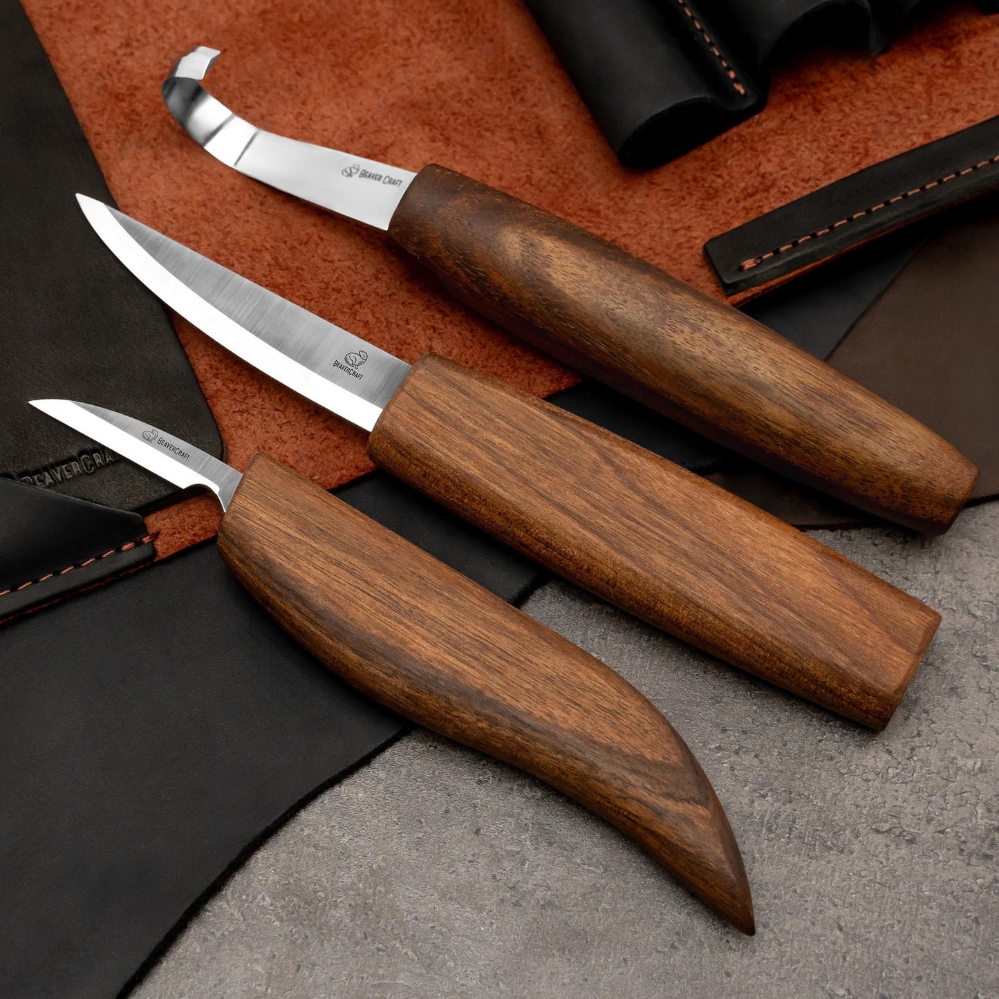 BeaverCraft Spoon Wood Carving Kit - Spoon Carving Tools Set with Hook Knife, Sloyd, Chip, Small Detail Whittling Knives S13X - Deluxe Whittling Knife Set with & Leather Strop and Leather Case