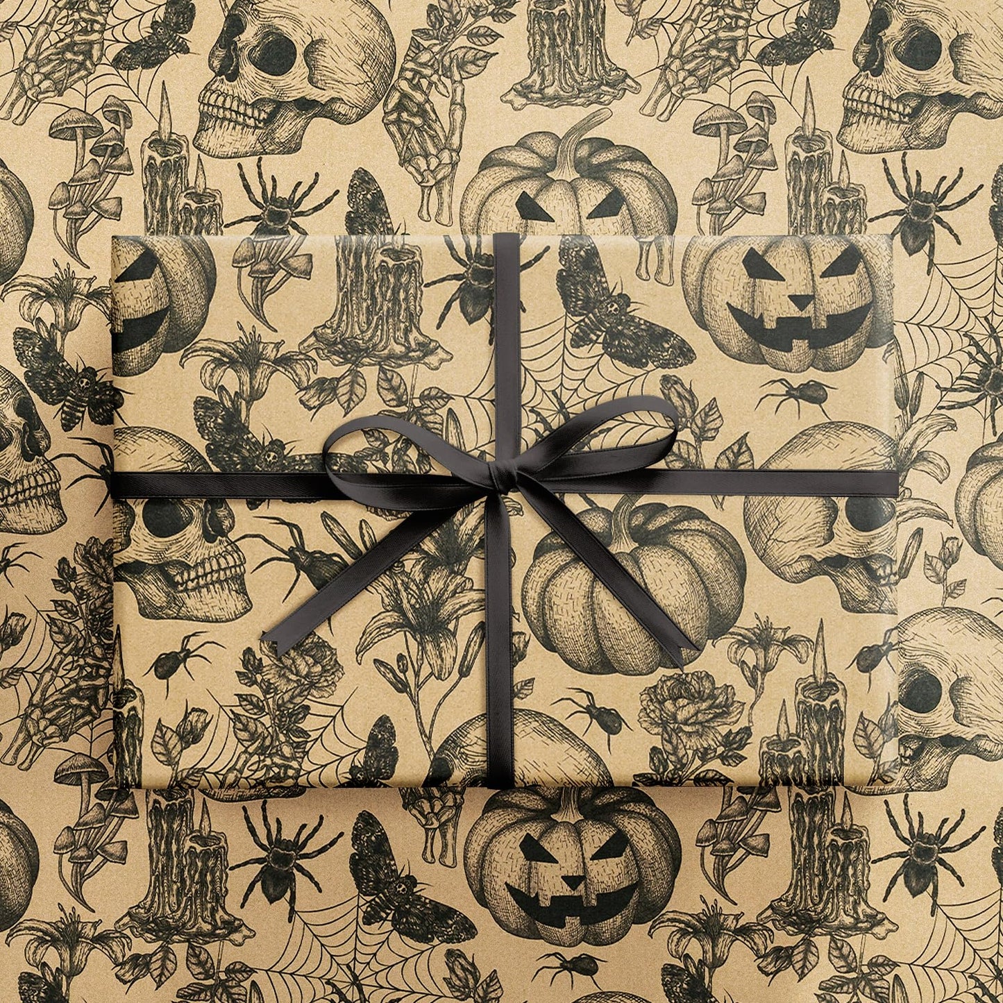 RUSPEPA 30" X 32.8' Kraft Autumn Wrapping Paper Large Paper Roll, Jumbo Roll, Vintage Black Skull, Spider, Pumpkin and Gothic Floral Design Kraft Gift Wrap for Fall Holiday and Halloween Party