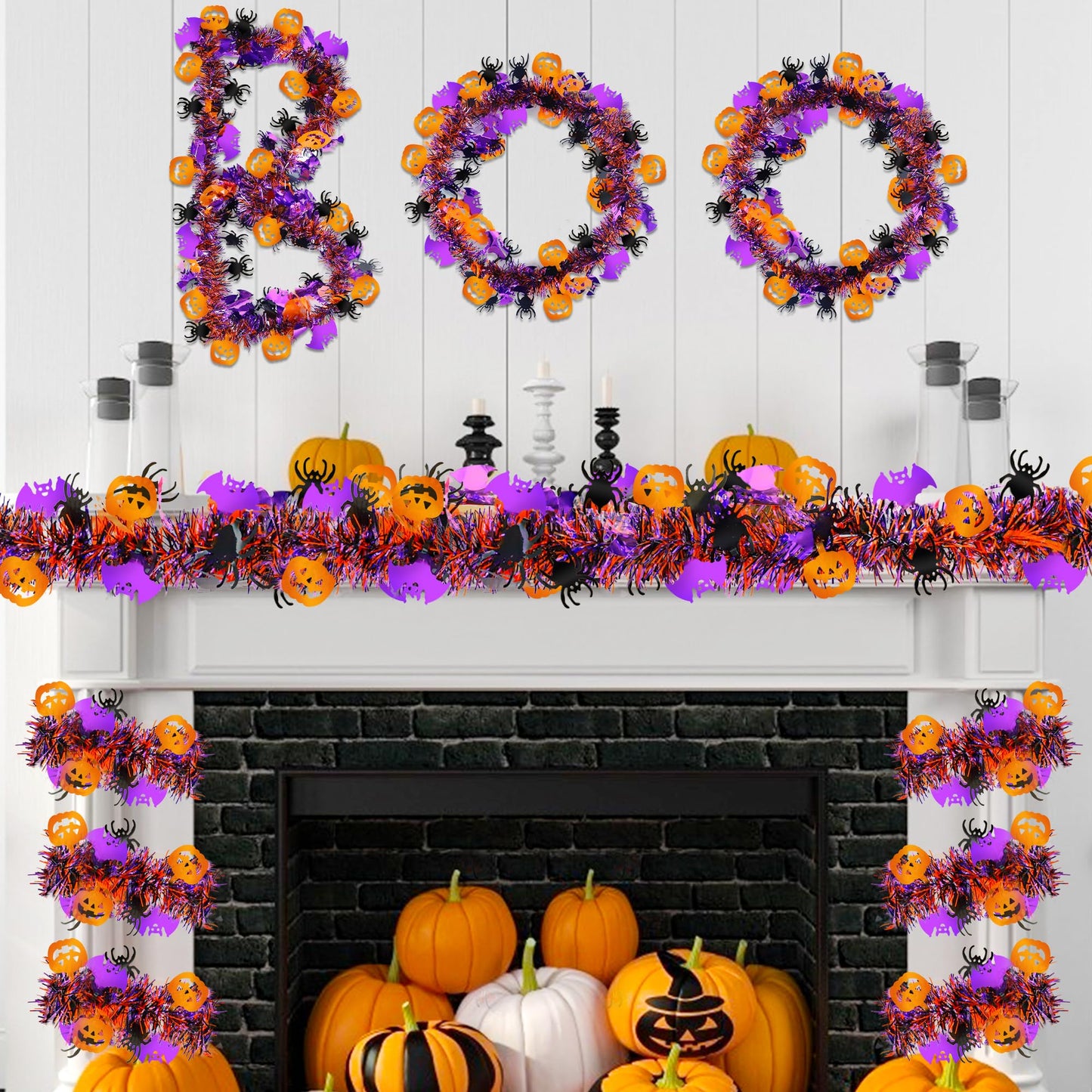 Halloween Decorations,50 FT Halloween Tinsel Garland with Orange Pumpkin Black Spider Purple Bat, Shiny Metallic Twist Garland for Home Tree Indoor Outdoor Party Decorations