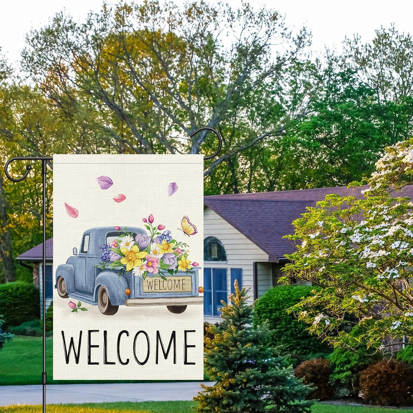 Welcome Spring Garden Flag 12x18 Double Sided Vertical Burlap Retro Truck Floral for Outdoor Decoration