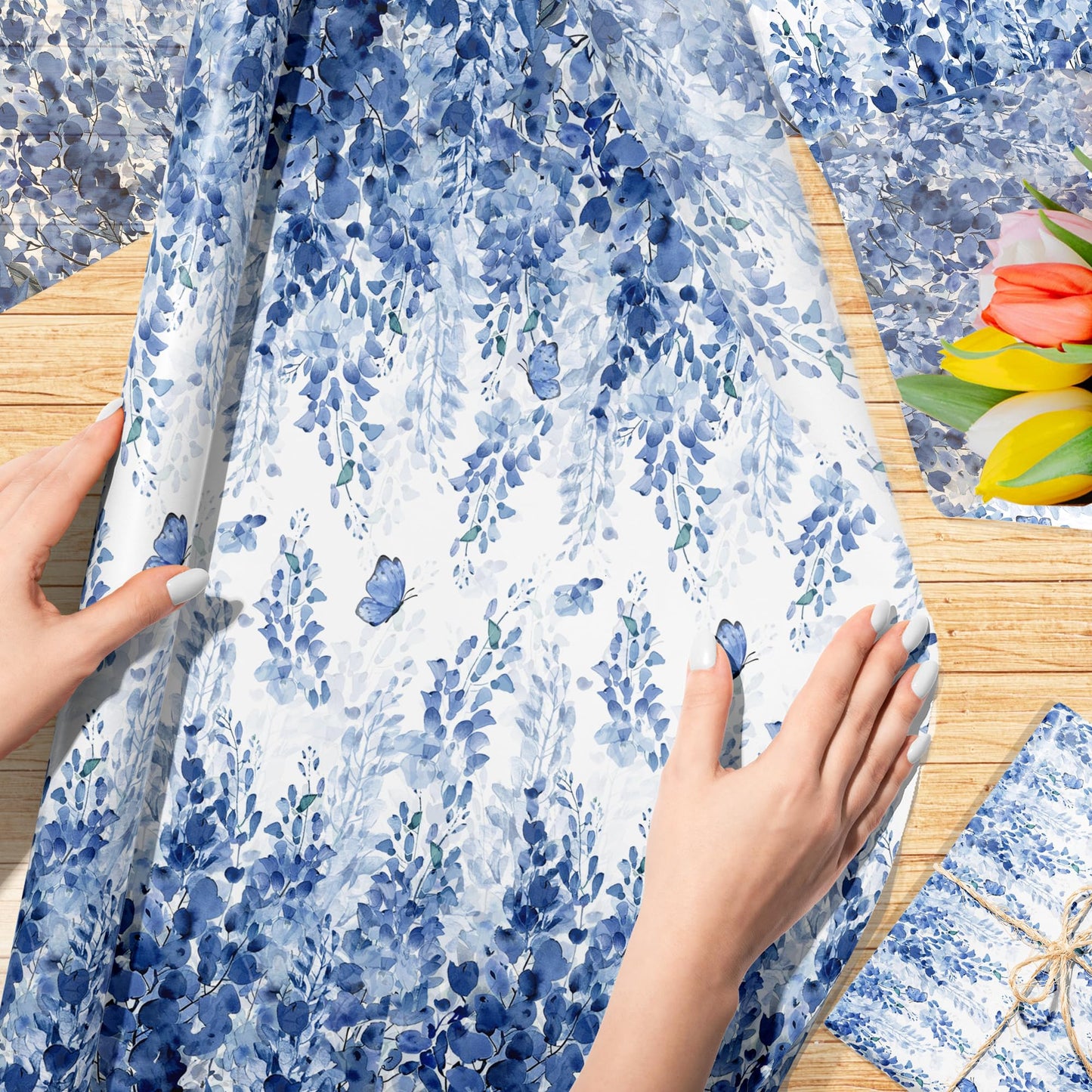 100 Sheets Blue Eucalyptus Leaf Tissue Paper Blue Botanical Leaves Wrapping Paper DIY Arts Tissue for Birthday Wedding Bridal Baby Shower Party Decor Supplies, 13.8 x 19.7 inches