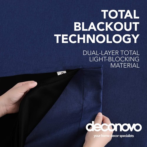 Deconovo Faux Linen Total Blackout Curtains Grommet Noise Reducing Panels with Black Backing for Living Room,2 Panels,Navy Blue,52Wx95L Inch