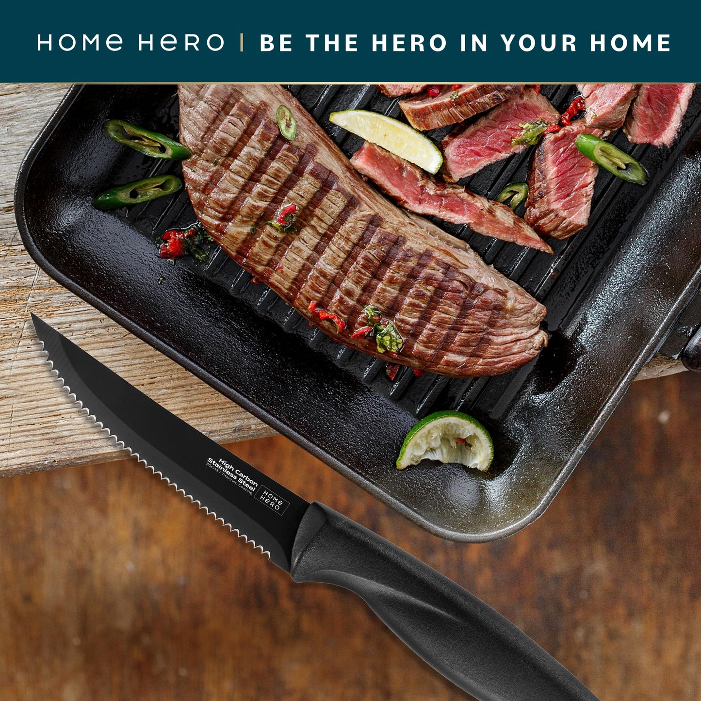 Home Hero High-Carbon Stainless Steel Steak Knife Set - Sharp Serrated Knives & Nonstick Coating - Ergonomic TPR-Coated Handles - Rust-Resistant Blades & Hand Wash - 8-Piece Set, Black