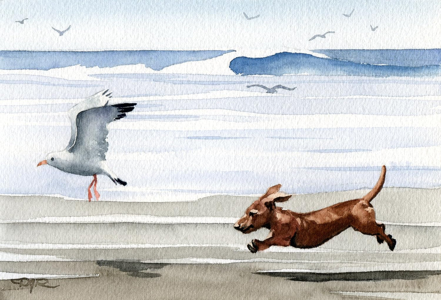 Dachshund At The Beach Art Print by Watercolor Artist DJ Rogers