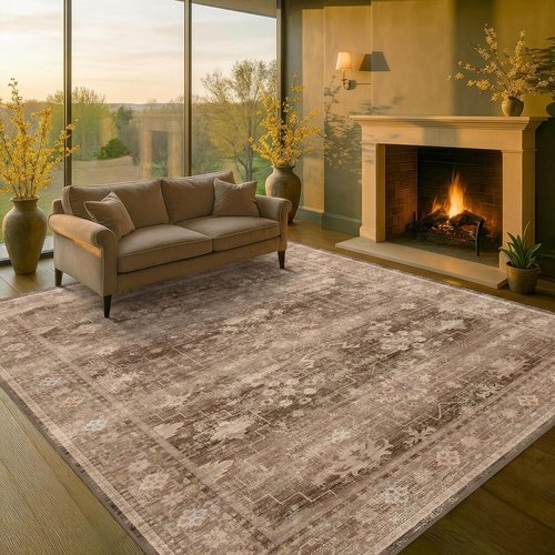 Hazo Haus Boho Taupe Living Room Rug - Vintage Traditional Oriental Design, Washable 7x10 Area Rug