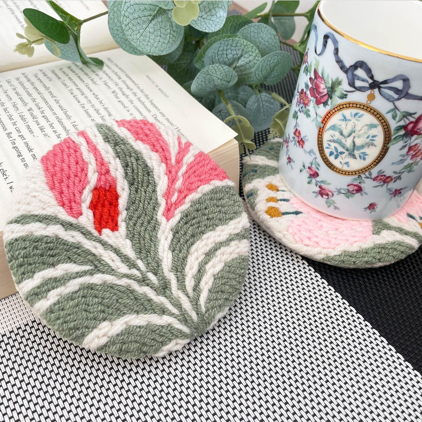 Punch Needle Coasters kit, 6-piece Flower Pattern Set - Cup Holder DIY Punching Needle Embroidery Kit (floral01)