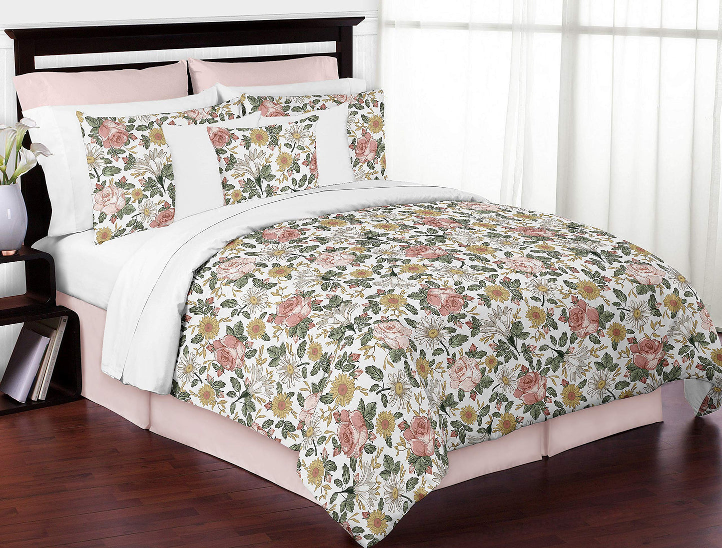 Sweet Jojo Designs Vintage Floral Boho Bathroom Fabric Bath Shower Curtain - Blush Pink, Yellow, Green and White Shabby Chic Rose Flower Farmhouse