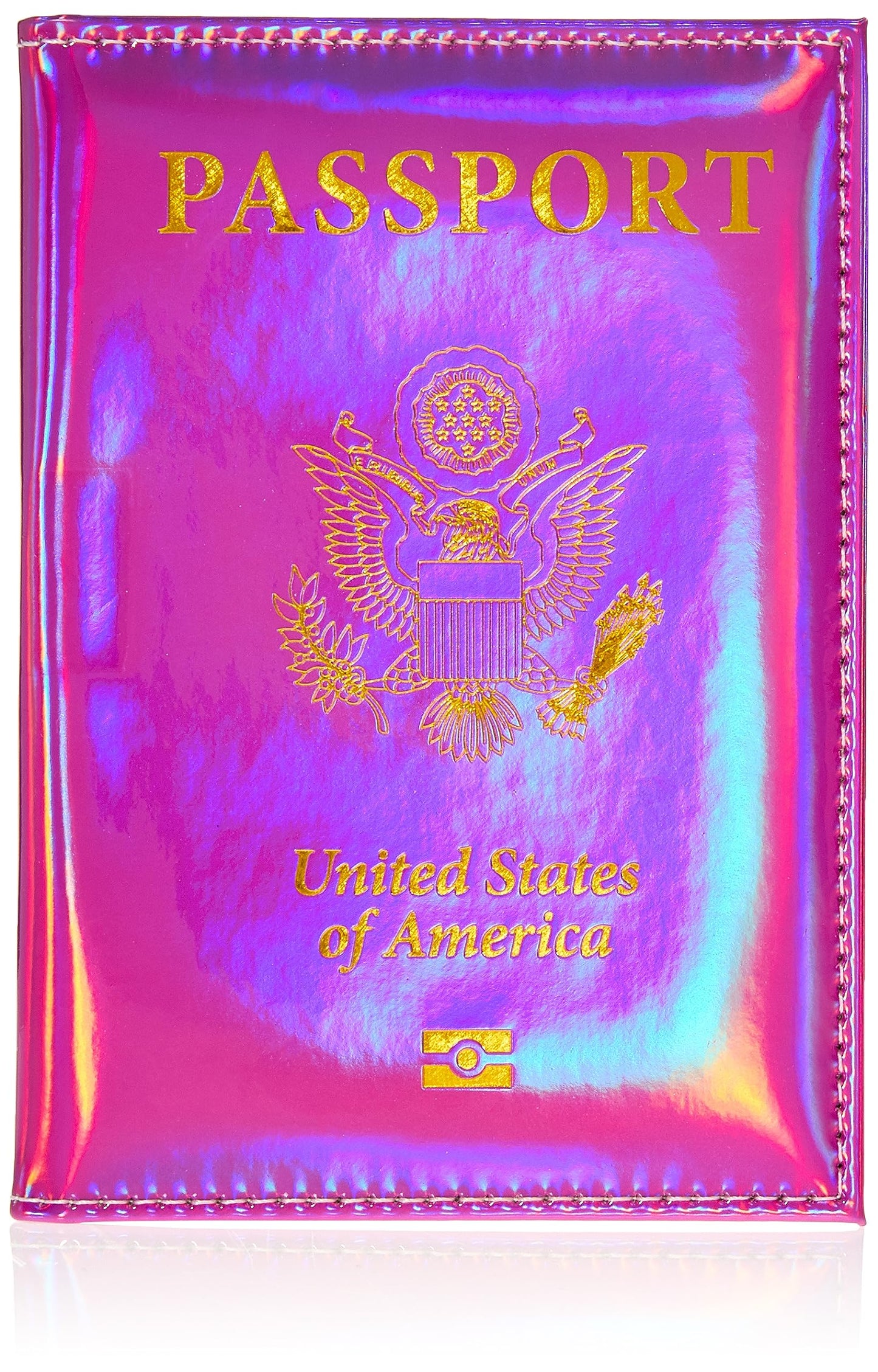 Pretty Little Passports Chrome Holographic Iridescent USA Passport Holder Cover Wallet - Unisex Adults - Faux Leather - RFID Protected - Pink & Gold