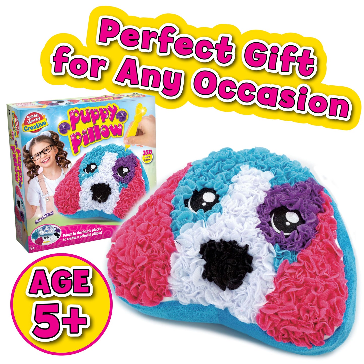 Small World Toys Plush Craft Puppy Pillow – DIY Plush Animal Kit with 350 Fabric Art Pieces, No-Sew Poke-in Art for Kids, Fun Learning Toy for Kids Ages 5+, Creative Gifts for Girls and Boys