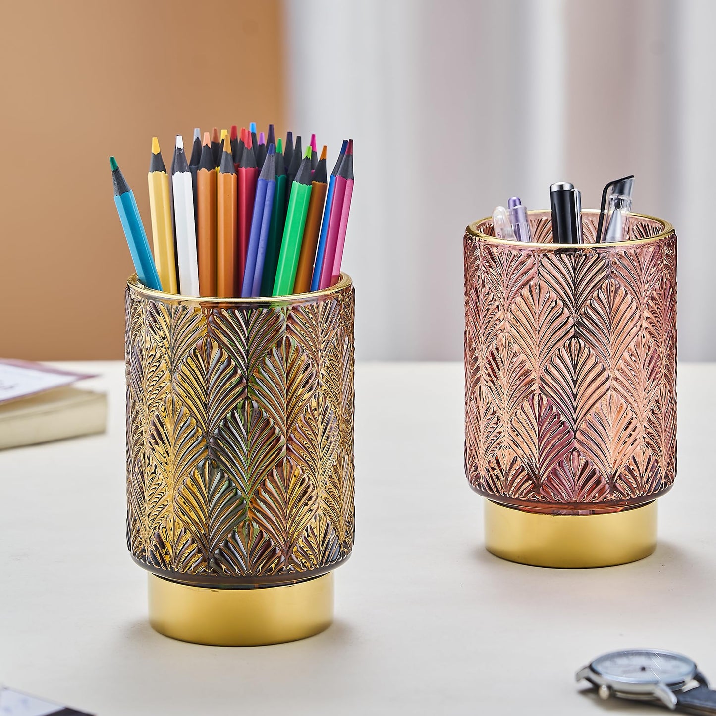 LEICURACE Makeup Brush Holder Organizer,Toothbrush Holders,Desk Pen Pencil Holder,Multifunctional Vintage Glass Brush Cup(A42-4-US)