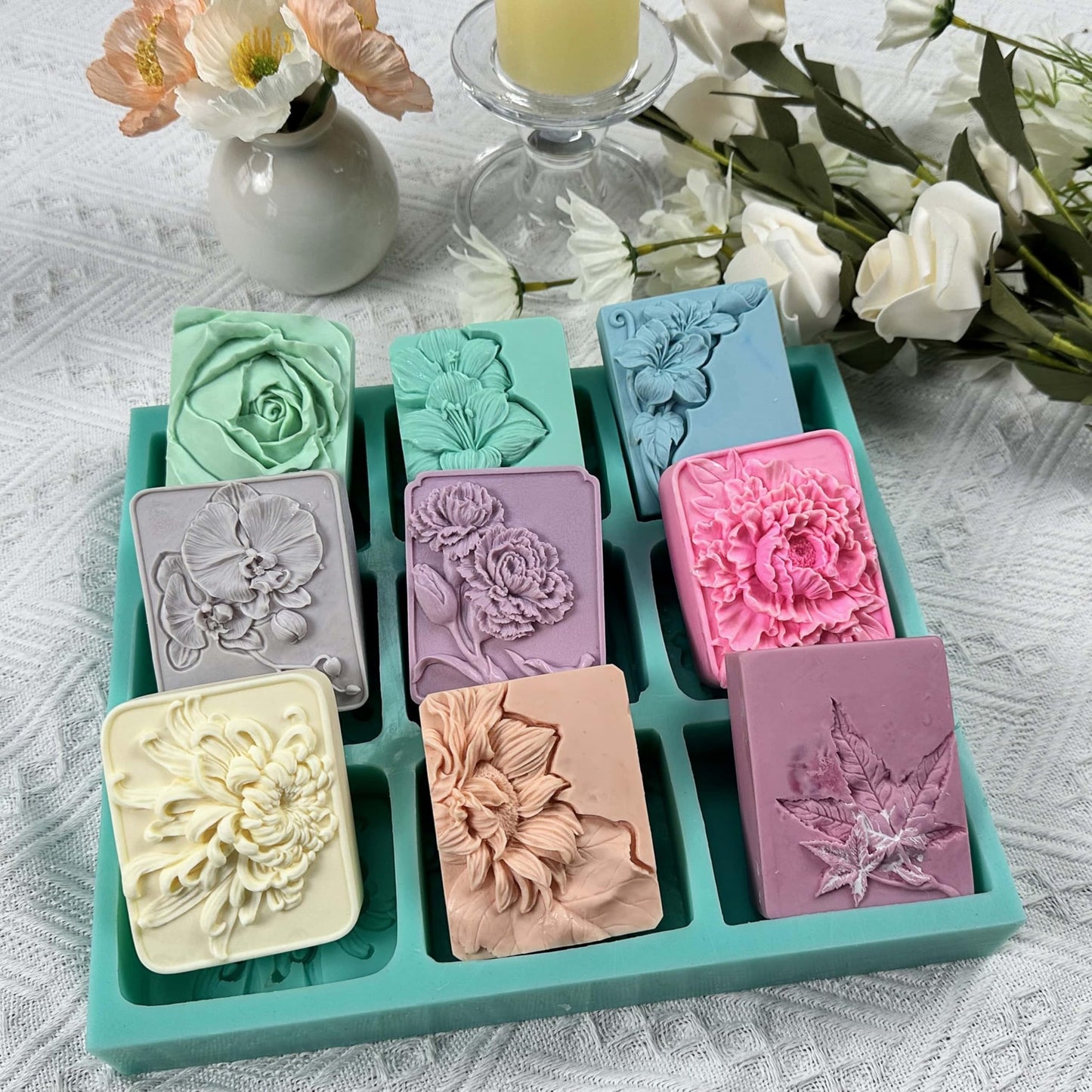 9 Cavities Mixed Flower Soap Mold,Handmade Soap Making Silicone Tray,Flower Silicone Molds for Natural Soap,Scented Candle Wax,Plaster Diffuser,Crystal Epoxy Decorations