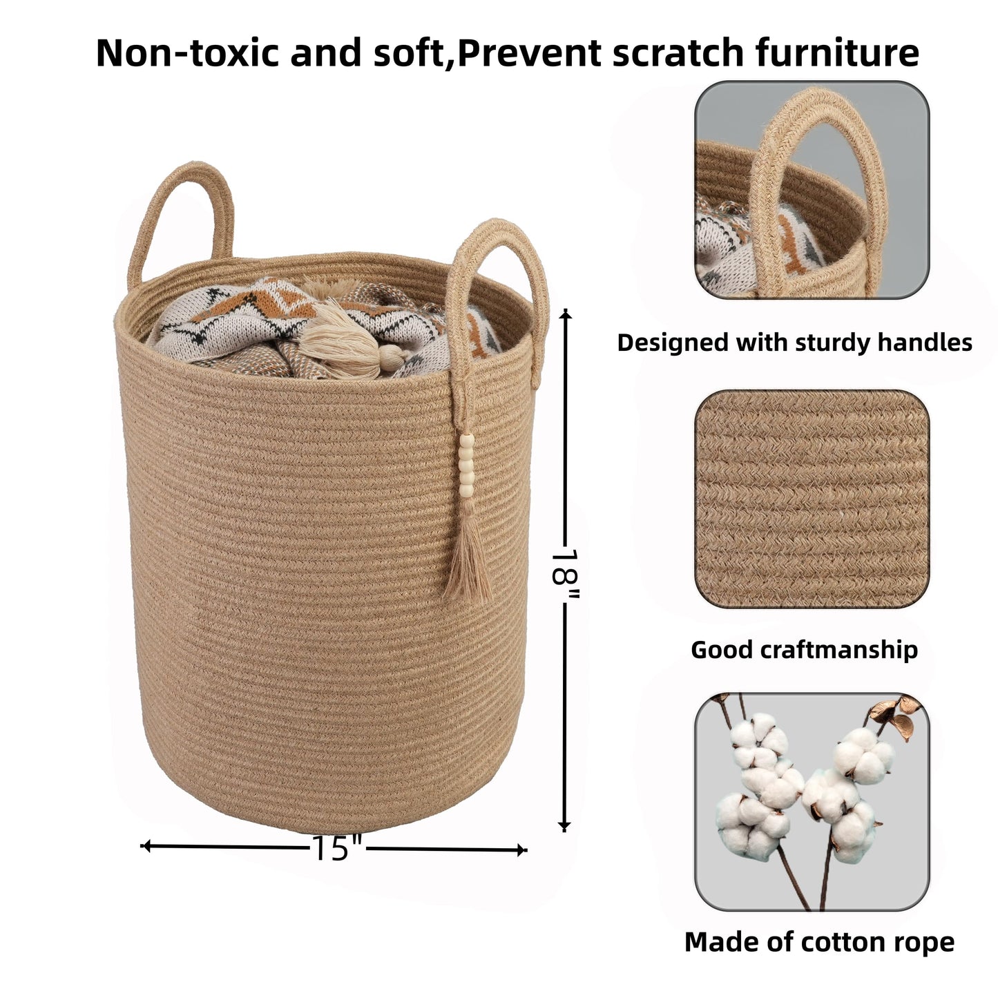 XUANGUO Rope Laundry Basket Laundry Hamper for Clothes Woven Storage Basket for Living Room Bedroom Boho Tall Rope Baskets for Blanket Toys Pillow Towels Baby Nursery Hamper Bin jute