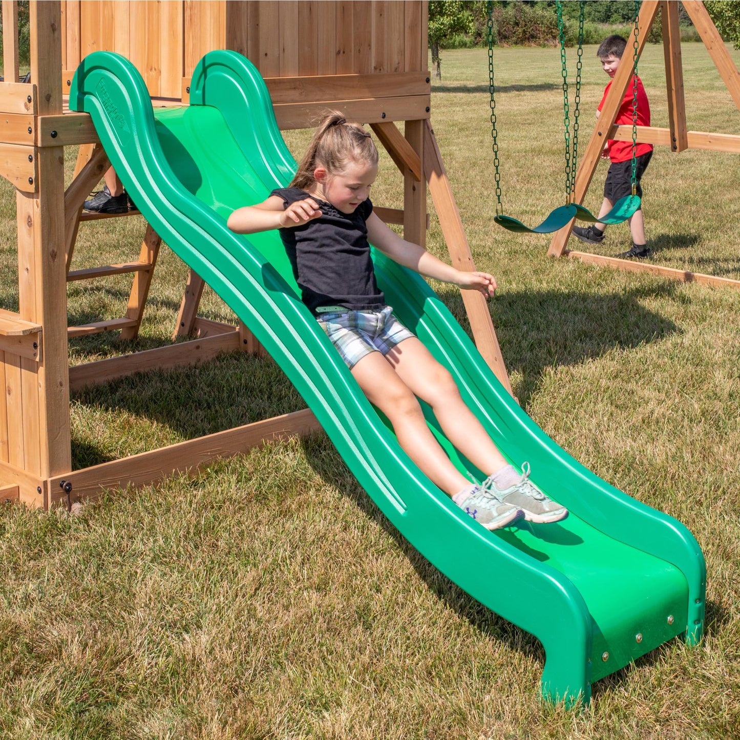 Backyard Discovery Montpelier Cedar Wood Swing Set, Wave Slide, Clubhouse, Monkey Bars, Picnic Area, Snack Bar, Belt Swings, Trapeze, Balcony, Playhouse, Working Door, Ladder, Outdoor Playset