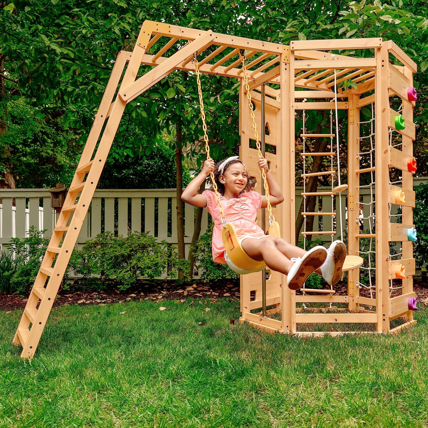 Avenlur Hawthorn 9-in-1 Outdoor Activity Center | Swing, Rock Wall, Monkey Bars | Ages 3-11 | Pine Wood Construction | Climbing Rope, Net Wall | Strength, Coordination, and Imagination-Boosting Fun